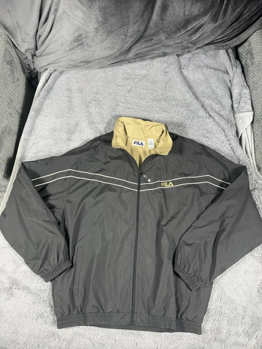 Vintage FILA Windbreaker Jacket Mens XL Black Tan Lined Full Zip Logo Striped